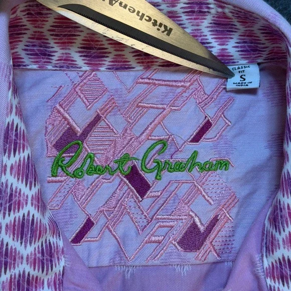 Robert Graham Mens Pink Purple Geometric Short Sleeve Button Down Shirt S - Picture 3 of 6
